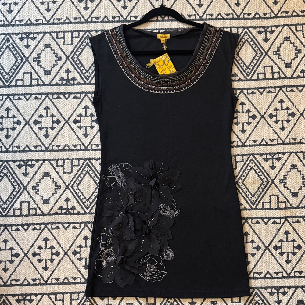 Lulumari Black Tunic with Embellished Neckline